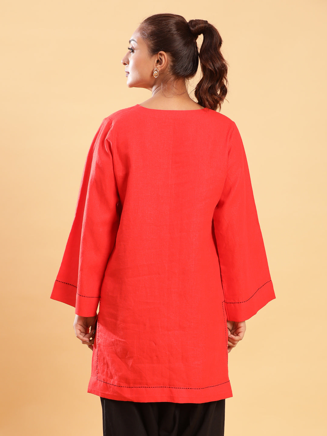 BohoJazz Bell Sleeves Red Linen Kurti Top with Threadwork - Distacart