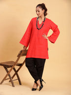 BohoJazz Bell Sleeves Red Linen Kurti Top with Threadwork - Distacart