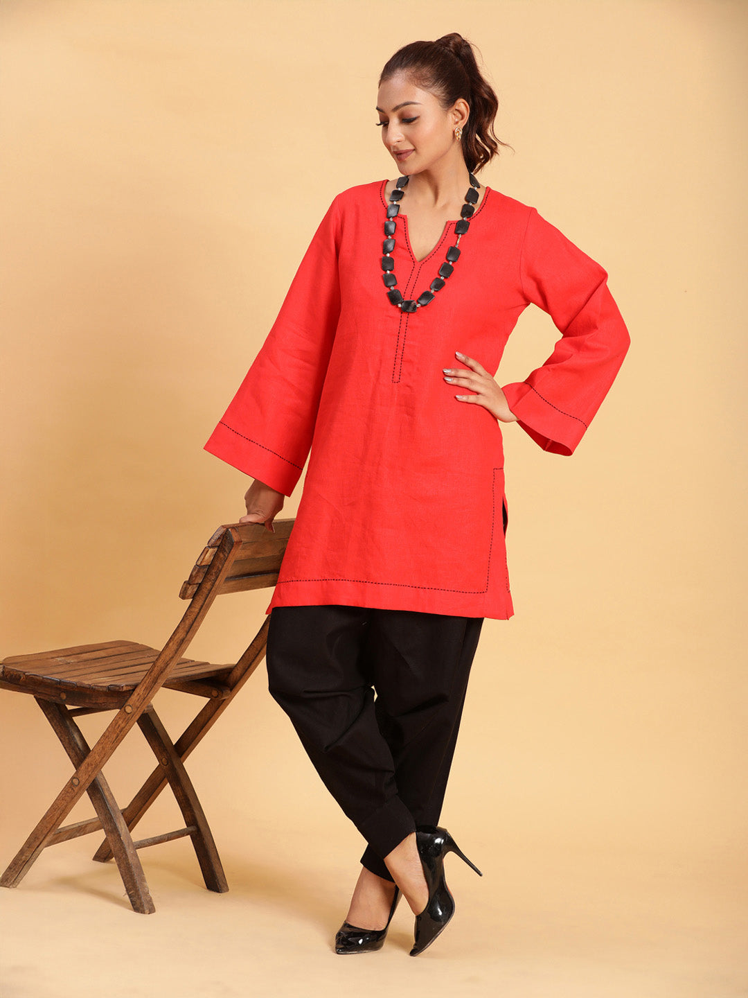 BohoJazz Bell Sleeves Red Linen Kurti Top with Threadwork - Distacart