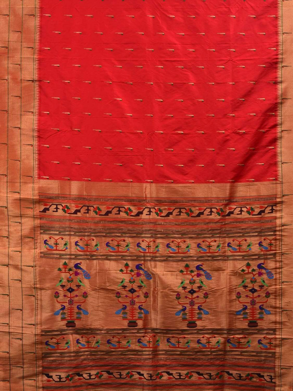 Red Paithani Silk Handloom Saree with Triple Muniya Border Saree - Global Threads