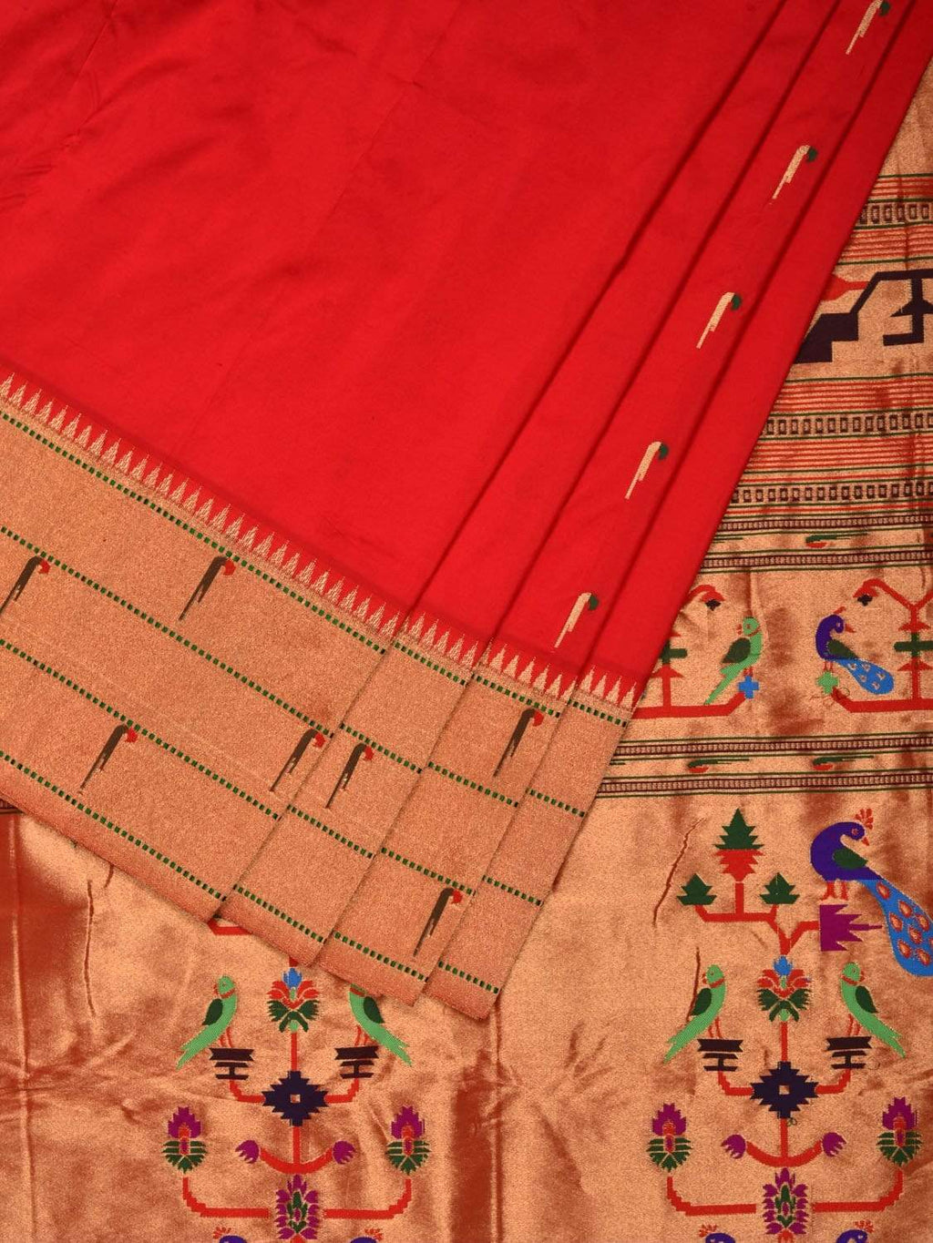 Red Paithani Silk Handloom Saree with Triple Muniya Border Saree - Global Threads