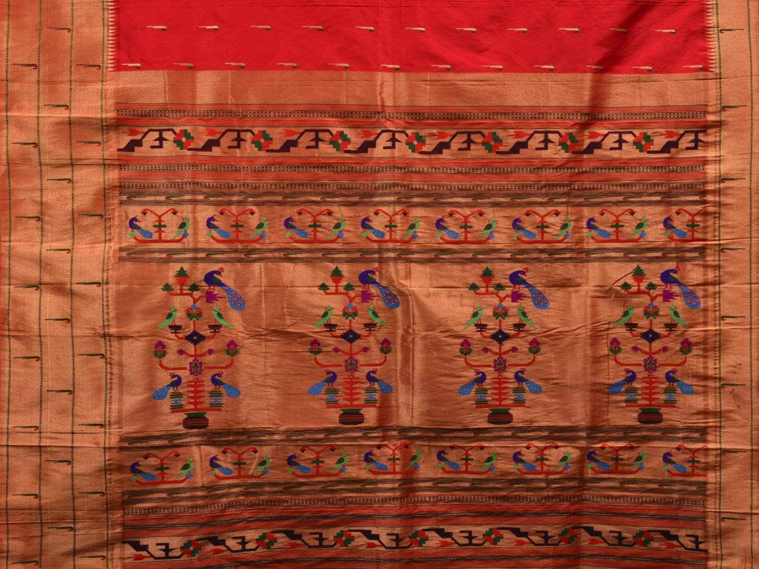 Red Paithani Silk Handloom Saree with Triple Muniya Border Saree - Global Threads