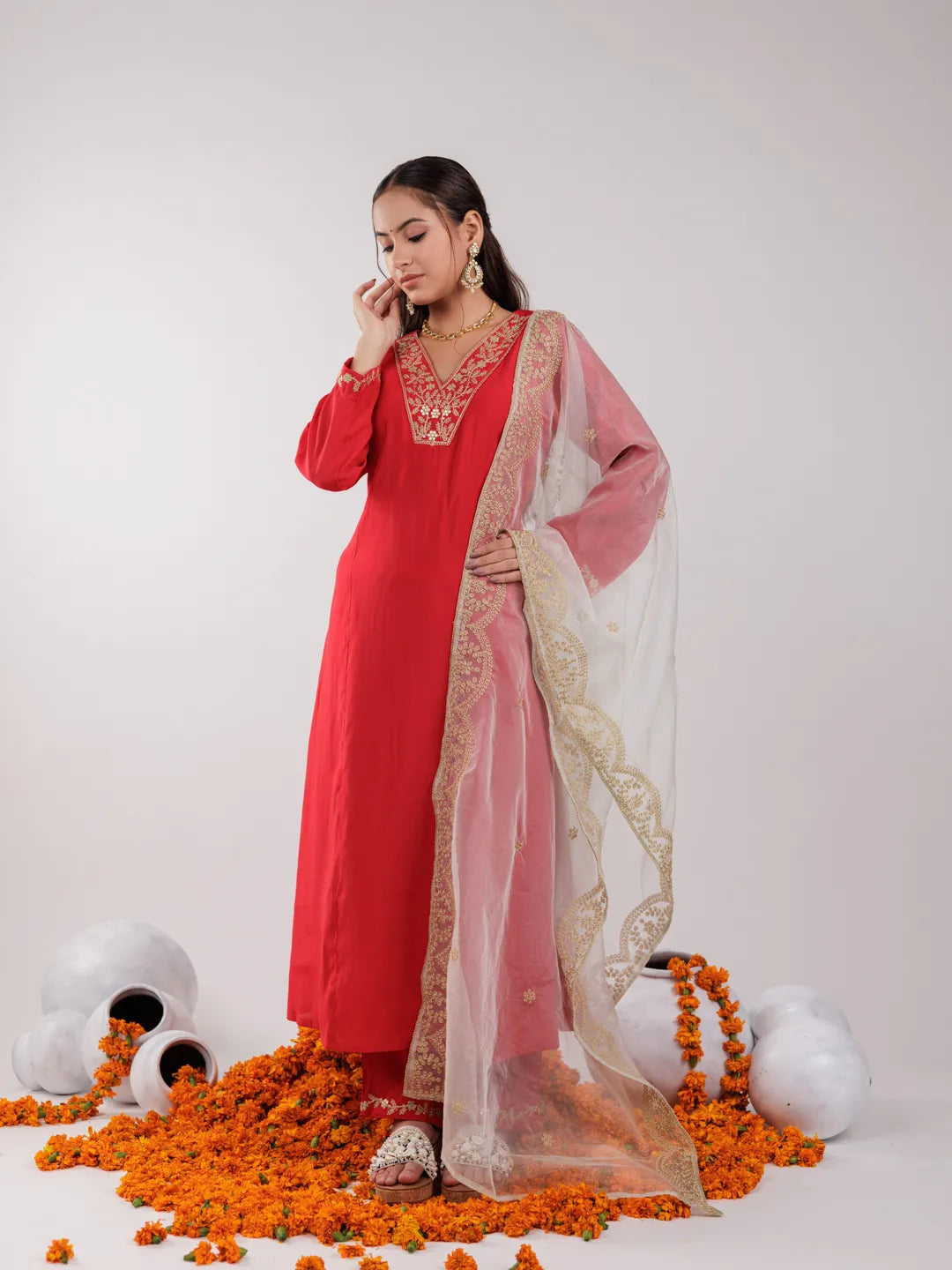 Yufta Red Silk Embroidered Kurta Dupatta Set
