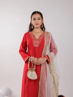 Yufta Red Silk Embroidered Kurta Dupatta Set
