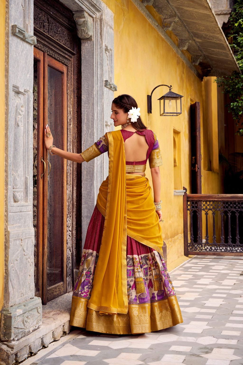 Evanik Red South Style Kalamkari Print Design Zari Work Unstitched Lehenga Choli - Distacart