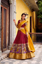 Evanik Red South Style Kalamkari Print Design Zari Work Unstitched Lehenga Choli - Distacart