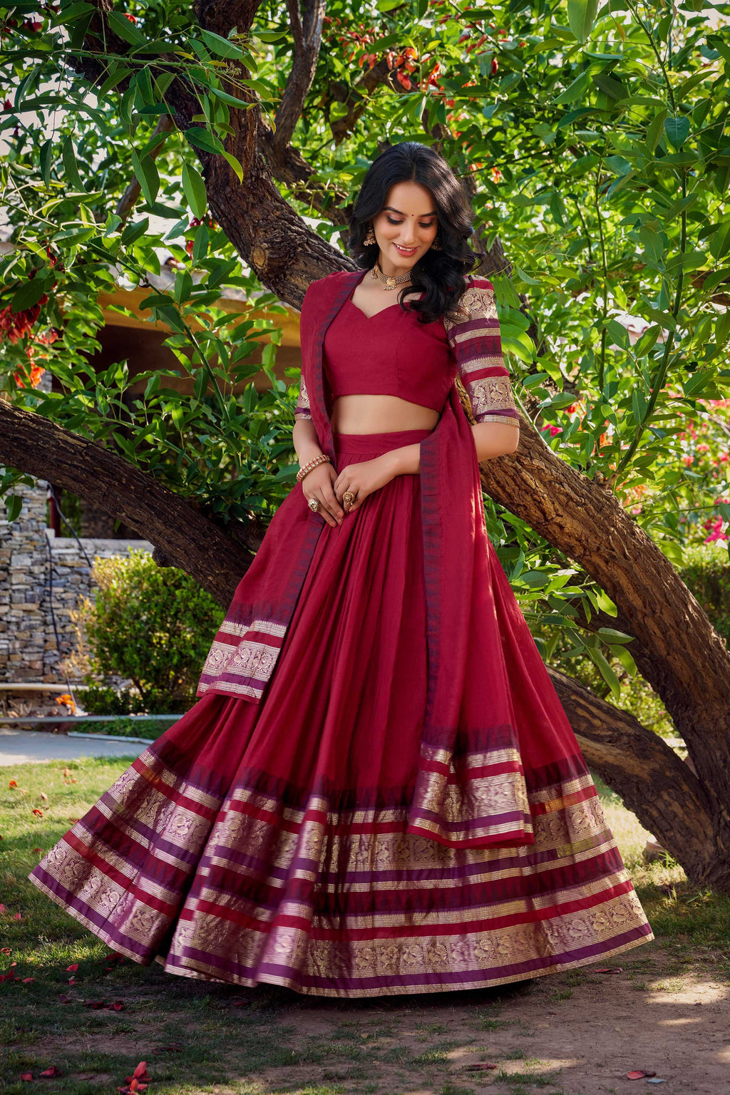 Evanik Women Pure Chanderi Plain With Zari Weaving Work Border Stitched Lehenga With Unstitched Blouse Dupatta(Up to 42) - Distacart
