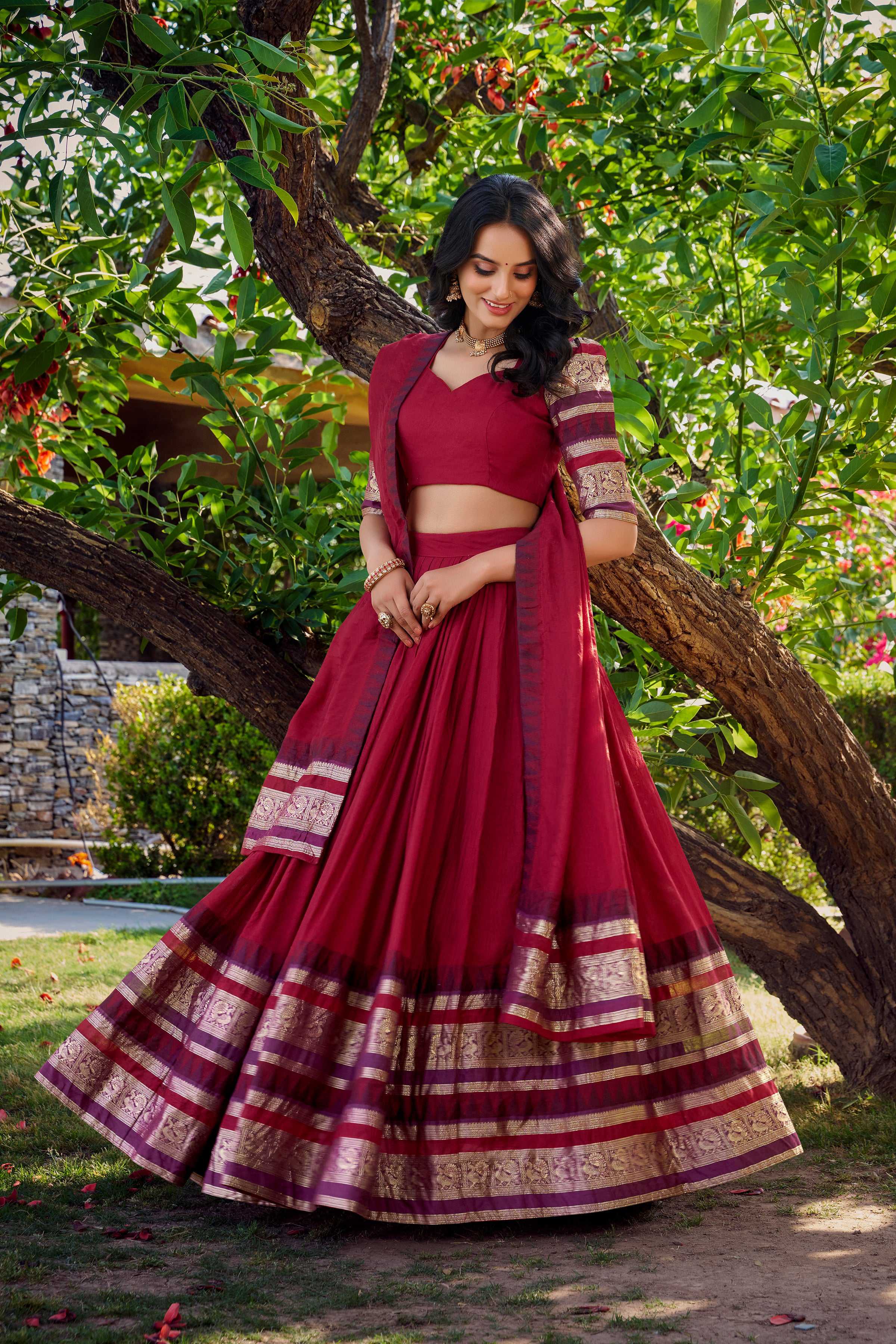 Evanik Women Pure Chanderi Plain With Zari Weaving Work Border Stitched Lehenga With Unstitched Blouse Dupatta(Up to 42) - Distacart