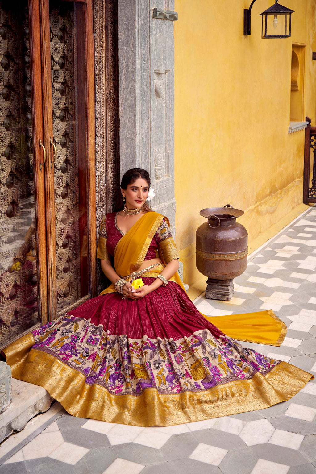 Evanik Red South Style Kalamkari Print Design Zari Work Unstitched Lehenga Choli - Distacart