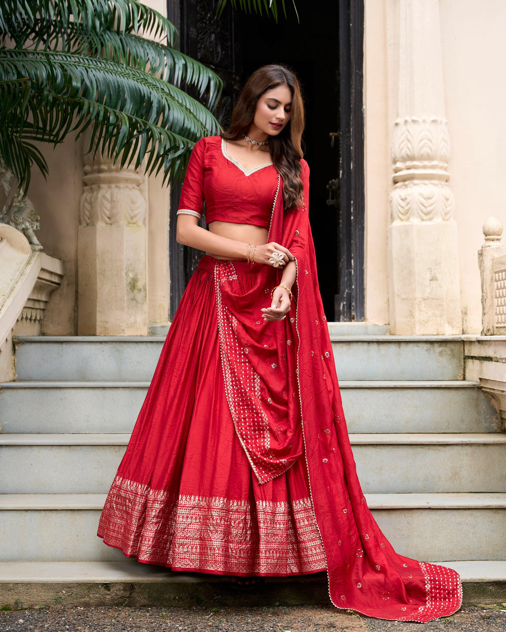 Evanik Women Pure Chanderi Plain With Zari Weaving Work Border Stitched Lehenga With Unstitched Blouse Dupatta(Up to 42) - Distacart