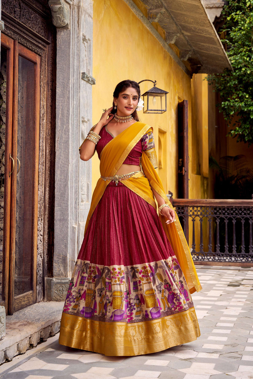 Evanik Red South Style Kalamkari Print Design Zari Work Unstitched Lehenga Choli - Distacart