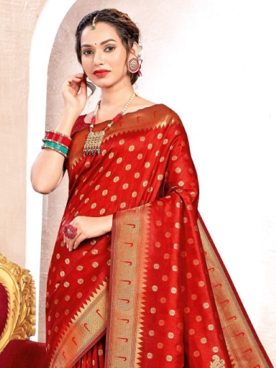 Anaita Red Banarasi Saree With Blouse Piece - Distacart