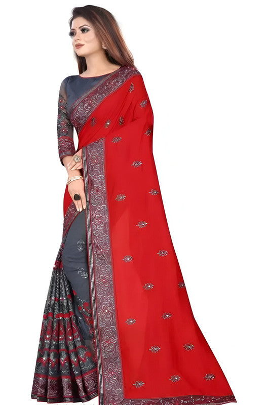 Dishitha Creation Indian Women's Designer Embroidered Art Silk Saree - Red