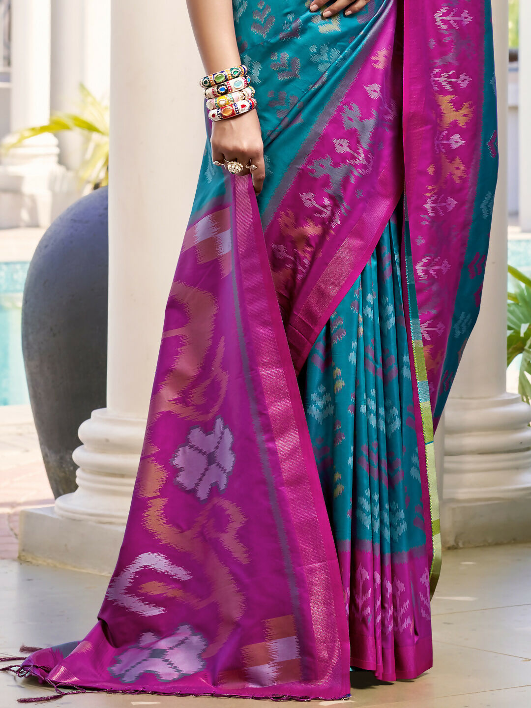 Shree Shyam Fashion Pochampalli Silk Sky Blue Saree - Distacart