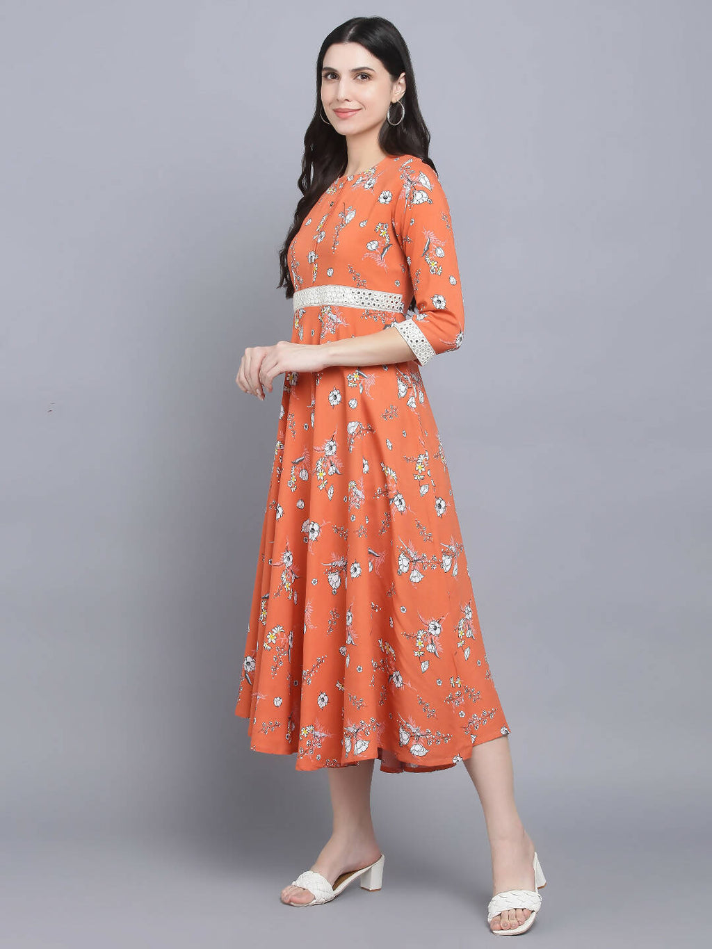 Myshka Women's Orange Floral Midi Dress - Distacart