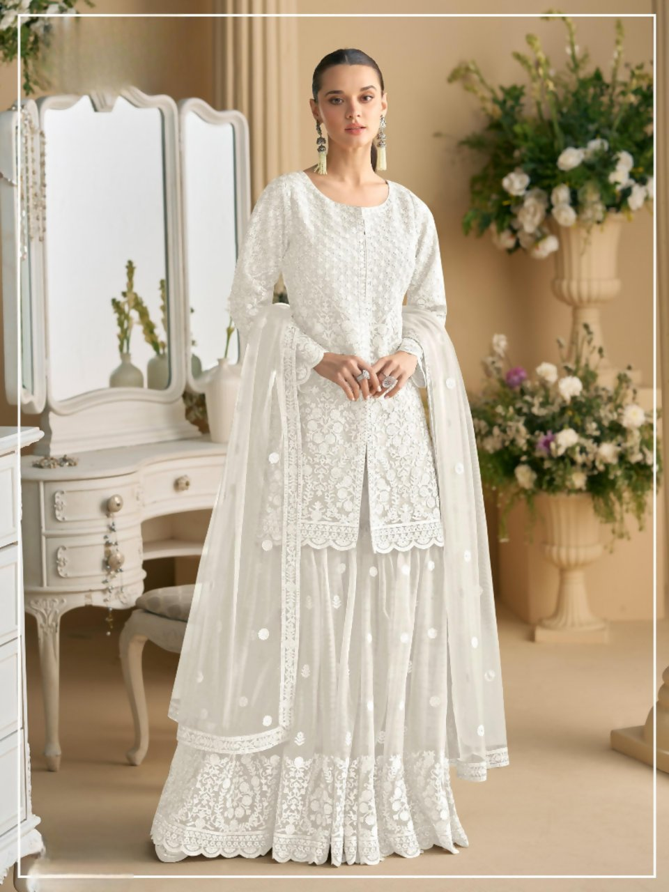 Anaita White Heavy Net Readymade Suit with Embroidery & Sequence Work - Distacart