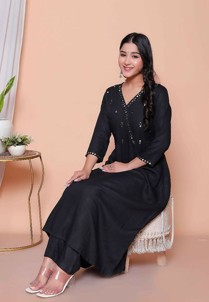 Miravan Womens Black Mirror Work Angrakha Kurta And Palazzo Set - Distacart