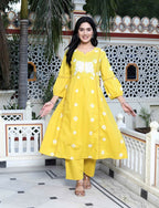 Miravan Women's Cotton Embroidered & Lace Embellished Yellow Bandhani Printed Kurta Palazzo Set