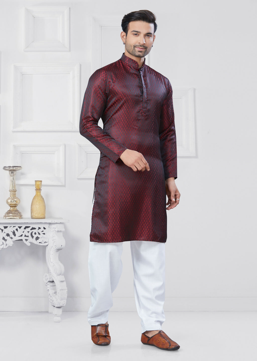 Joban Fashion Men's Jacquard Silk Marron Printed Kurta Pyjama set