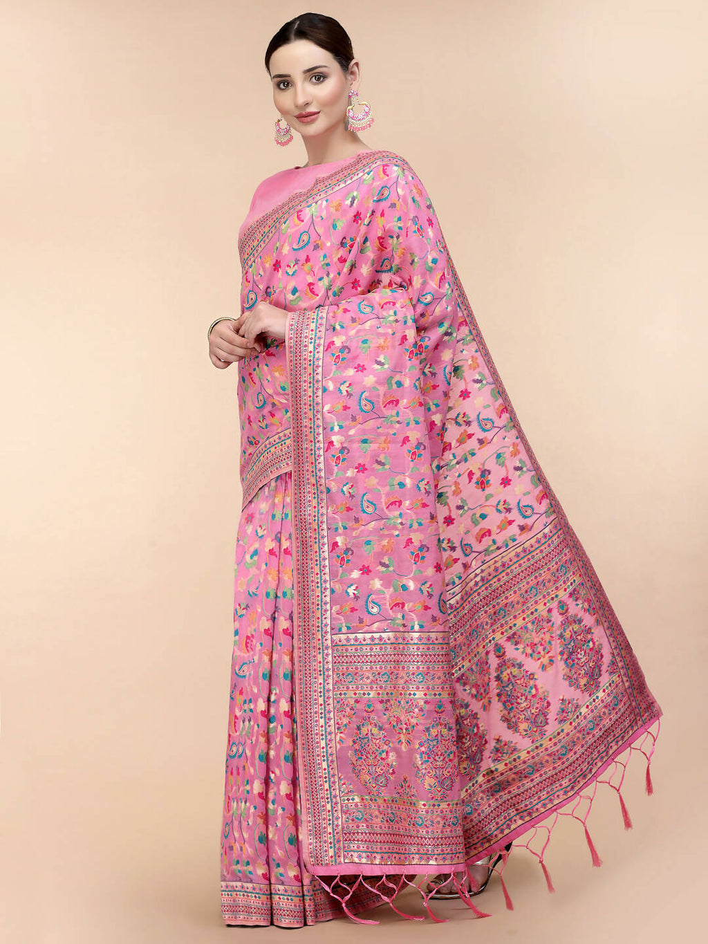Pink Silk Blend Woven Design Saree With Unstitched Blouse Piece - Aloki