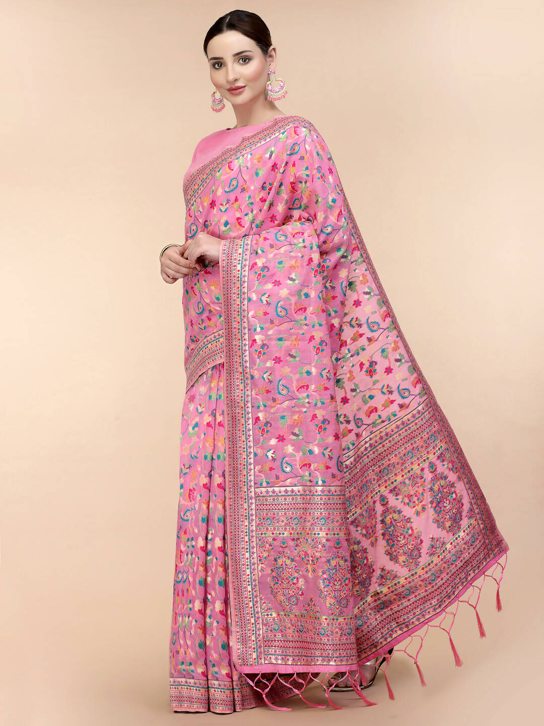 Pink Silk Blend Woven Design Saree With Unstitched Blouse Piece - Aloki