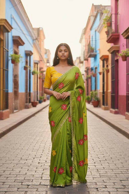 Teeya Creation Green Rangoli Silk Embroidery Work Party Wear Designer Saree