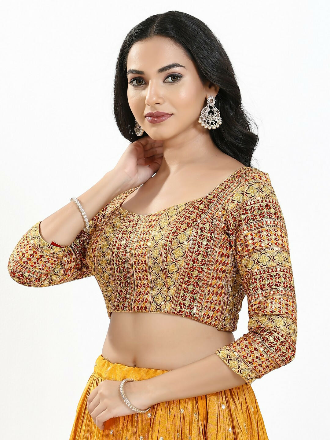 Joban Fashion Red Multi Silk Padded Blouse With Sweetheart Neck 3/4 Sleeves - Distacart