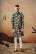 Peacock Oasis Nehru Jacket Set With Orange Hues by Hilo Design