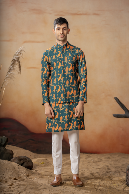 Peacock Oasis Nehru Jacket Set With Orange Hues by Hilo Design