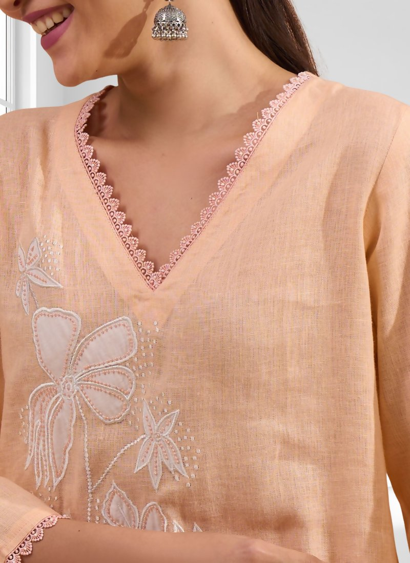 Joban Fashion Coral Linen Embroidered Readymade Long Kurta With Pant - Distacart