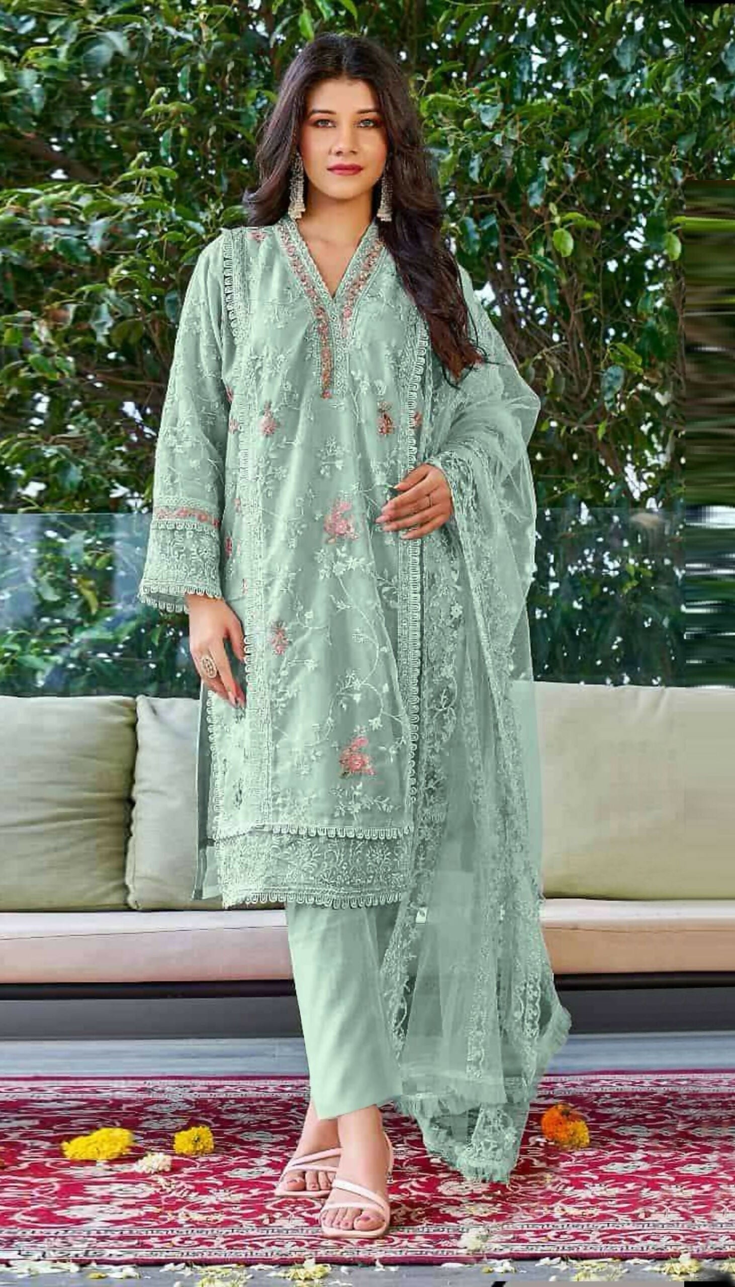 Anaita Light_Green Embroidered Organza Stitched Salwar Suit - Distacart