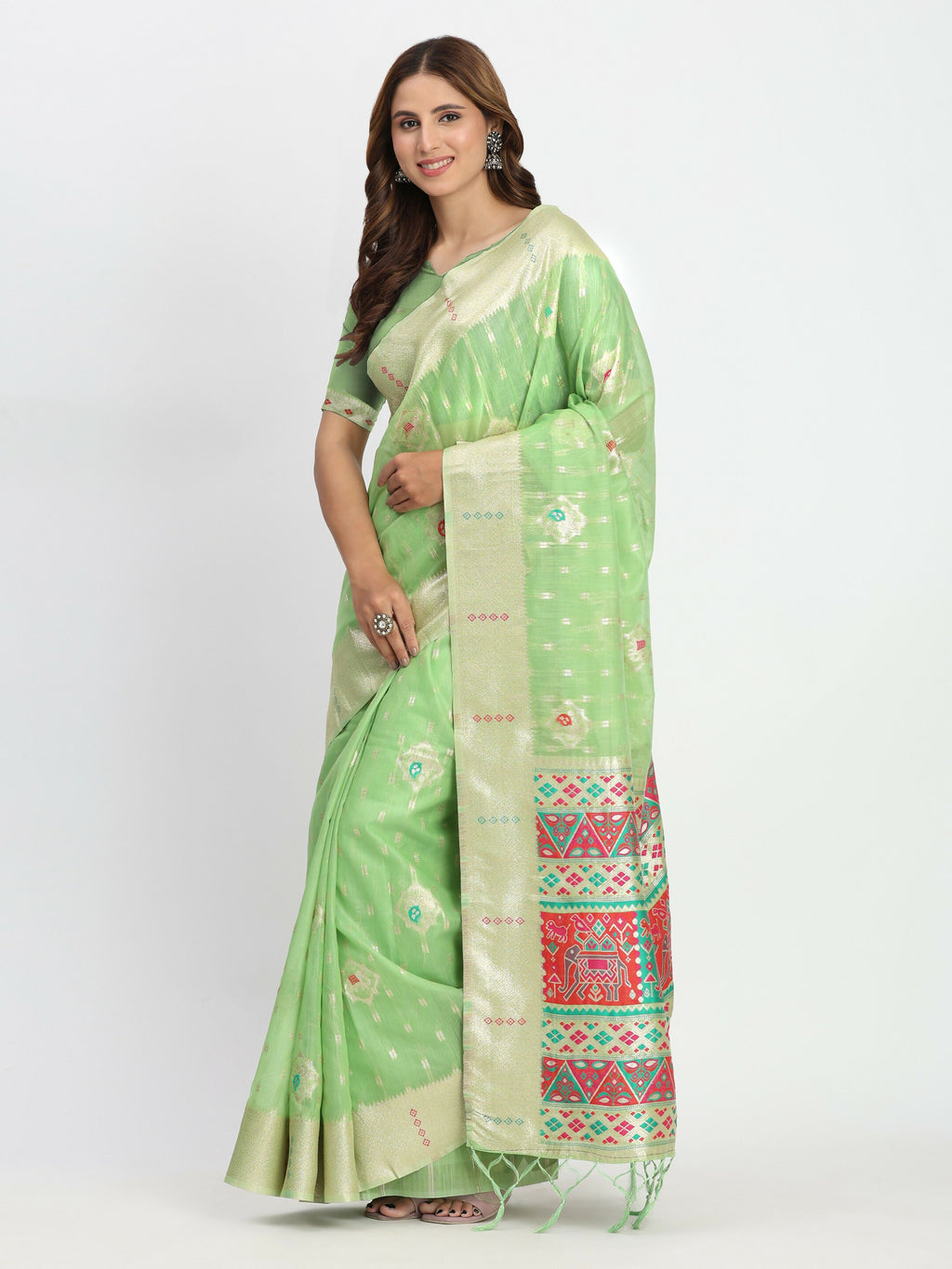 Shree Shyam Fashion Linen Cotton Light Green Saree - Distacart