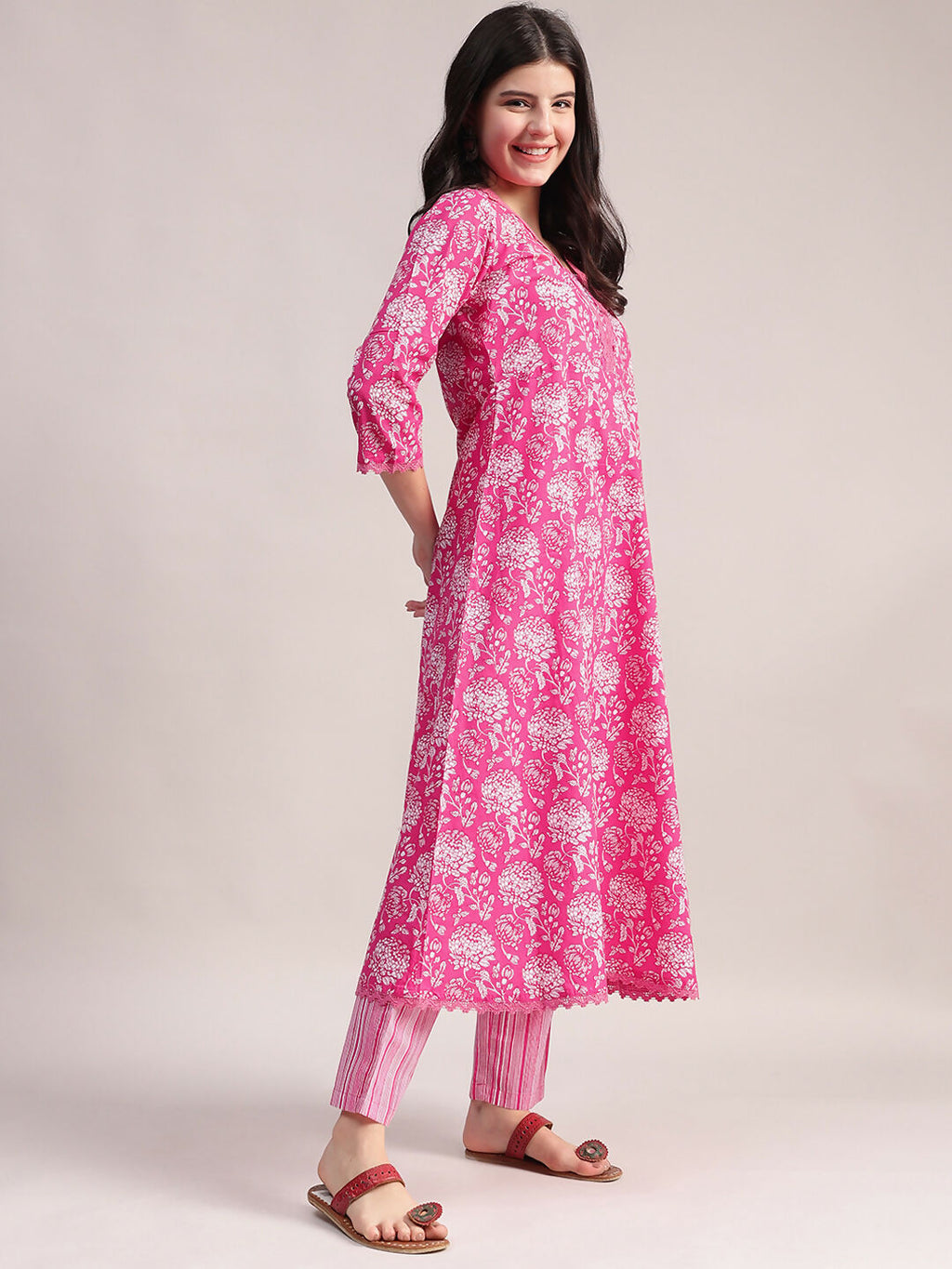 Aavyora Women's Pink Floral Print Cotton A-Line Kurta with Striped Trouser & Dupatta