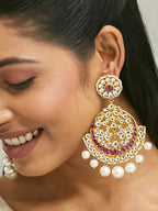 Nuyug 22K Gold-Plated Elegant Ruby & Kundan Stone Studded With Pearl Beaded Floral Chandbalis - Distacart