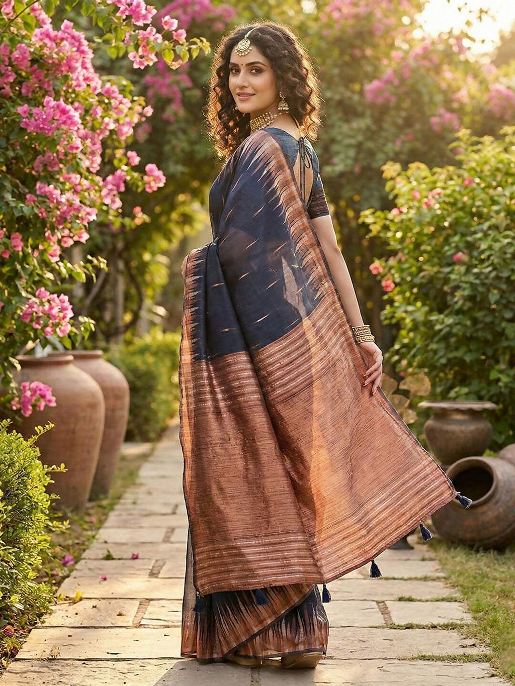 Shree Shyam Fashion Navy Blue Linen Cotton Saree - Distacart