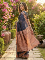 Shree Shyam Fashion Navy Blue Linen Cotton Saree - Distacart
