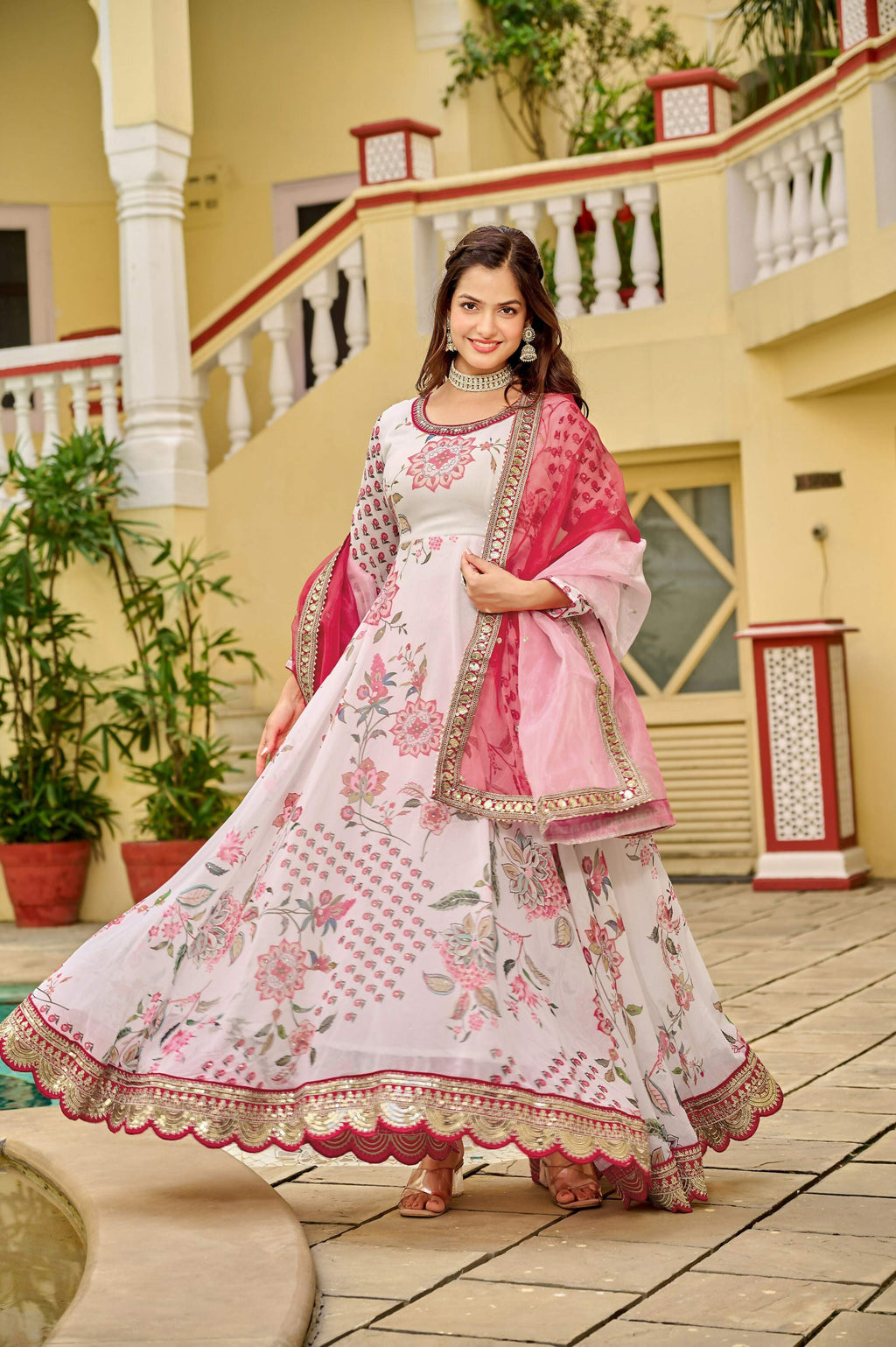 Joban Fashion Pink/white Kurta Set Georgette Embroidery Sequence Work - Distacart