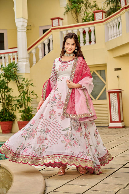 Joban Fashion Pink/white Kurta Set Georgette Embroidery Sequence Work