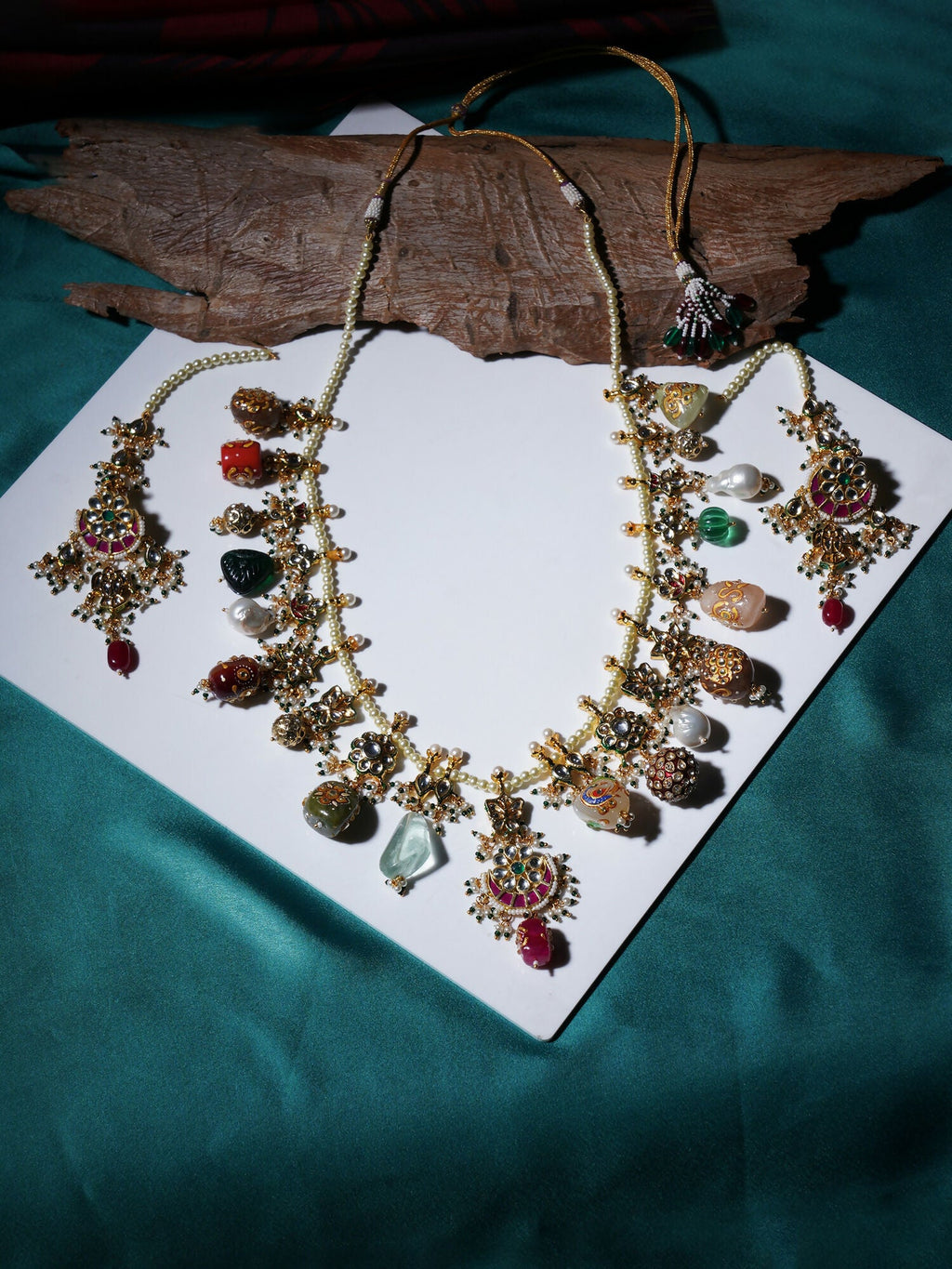 Long Kundan Neckpiece with Earrings with Multi Stones Jewellery Set (Gold) - Ruby Raang
