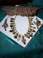 Long Kundan Neckpiece with Earrings with Multi Stones Jewellery Set (Gold) - Ruby Raang