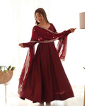 Teeya Creation Maroon Color Pure Roman Silk Chanderi Party Wear Fully Stitched Gown