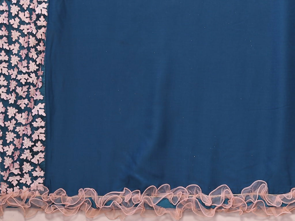 Teal Blue Silk Georgette Laser Cut Embroidery Wired Frills Saree - Norita Saumya