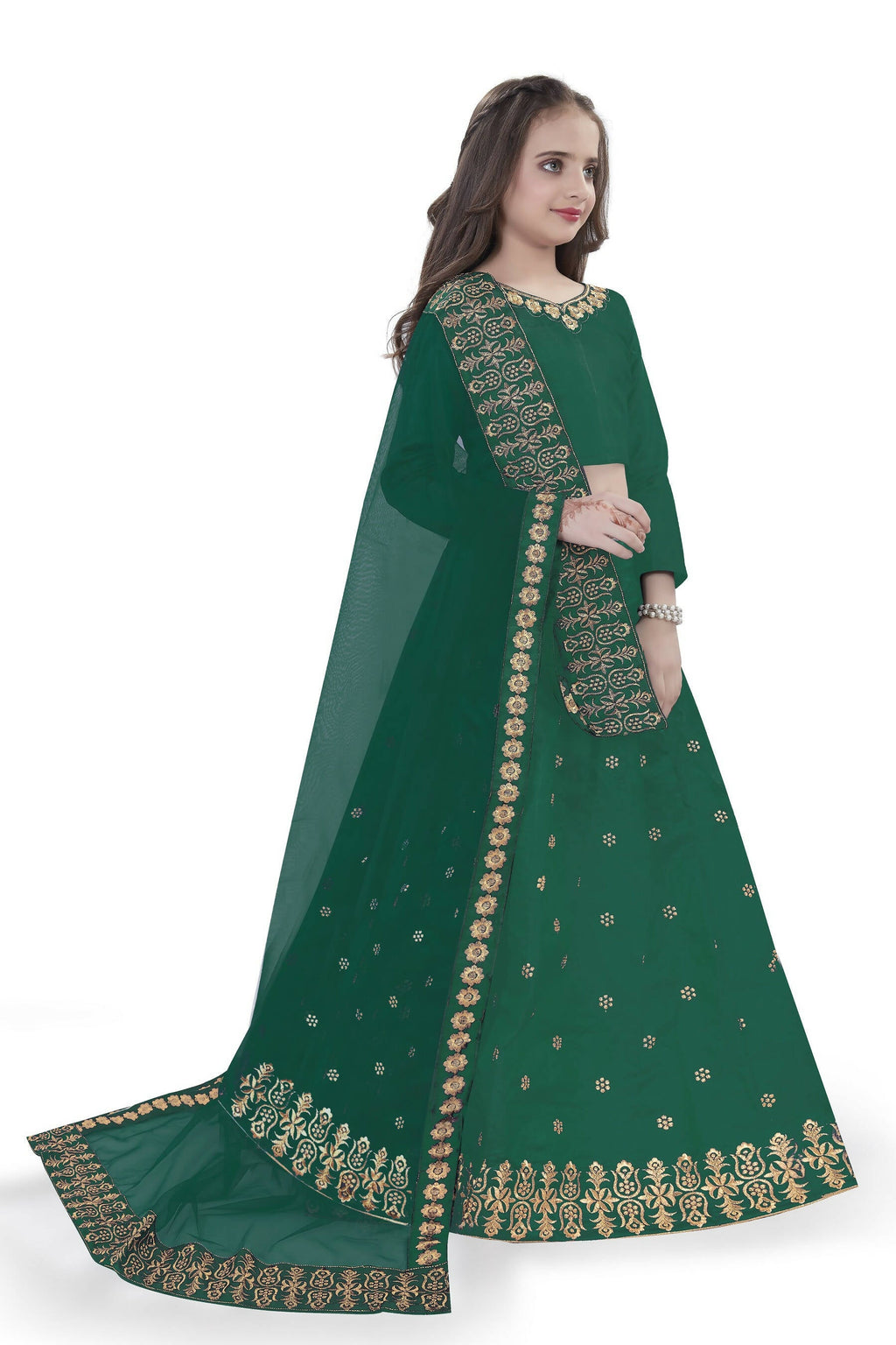 Dwiden Green Queen Tafetta Sattin Semi-Stitched Girl's Lehenga Choli