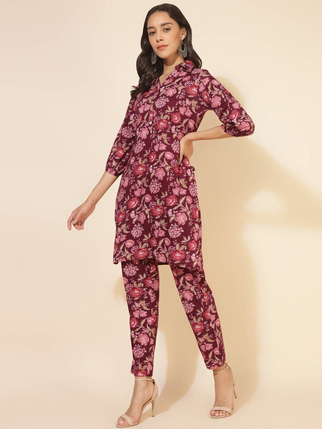 Janasya Women's Purple Cotton Floral Printed Casual Straight Kurta Set