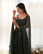 Joban Fashion Bottle Green Kurta Set Chiffon Sequin Embroidery Work - Distacart