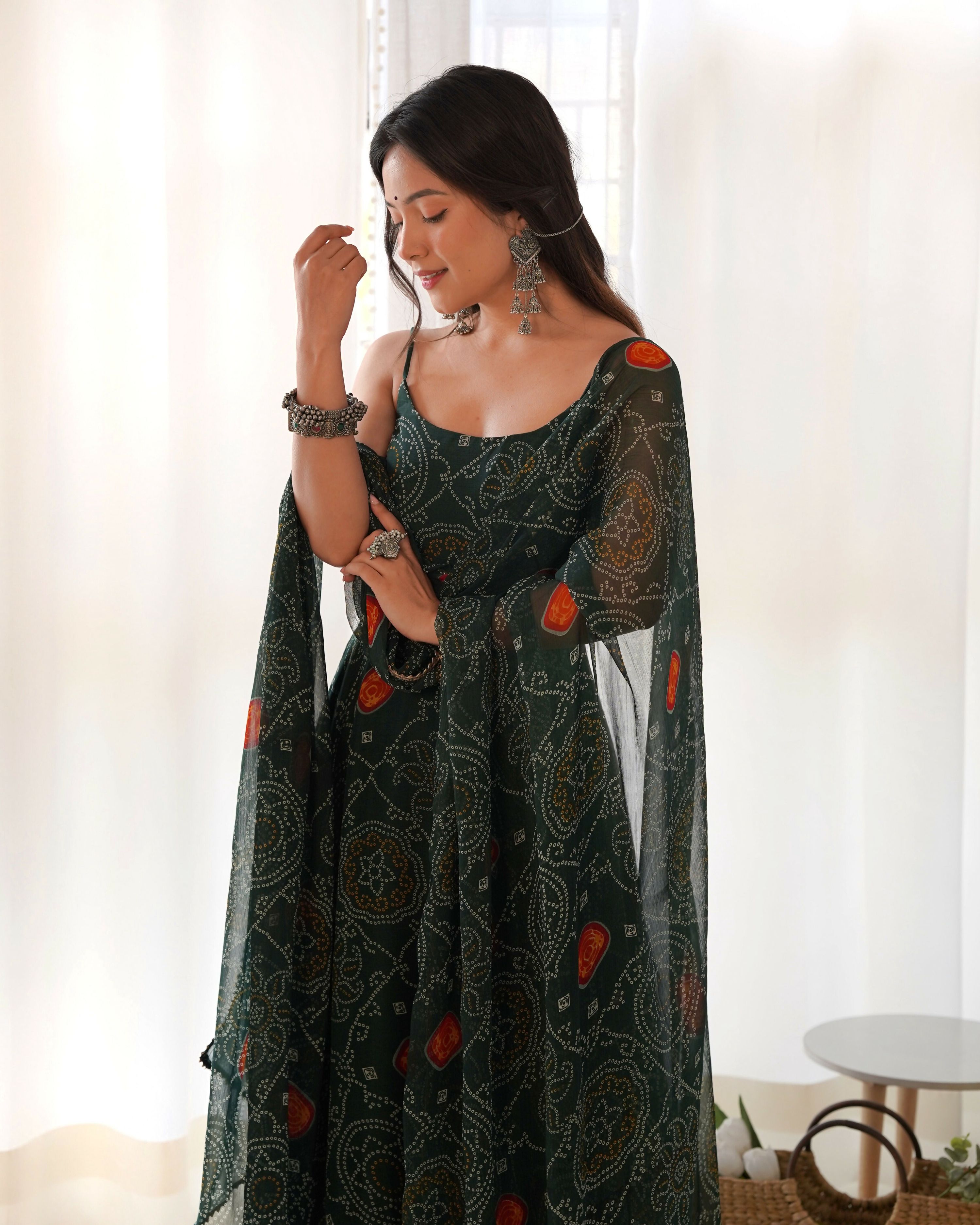 Joban Fashion Bottle Green Kurta Set Chiffon Sequin Embroidery Work - Distacart