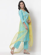 Myshka Women's Cotton Printed 3/4 Sleeve Round Neck Casual Kurta Pant Dupatta Set