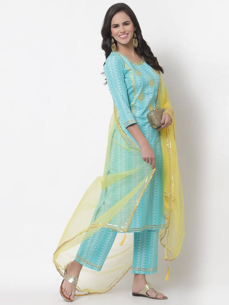 Myshka Women's Cotton Printed 3/4 Sleeve Round Neck Casual Kurta Pant Dupatta Set