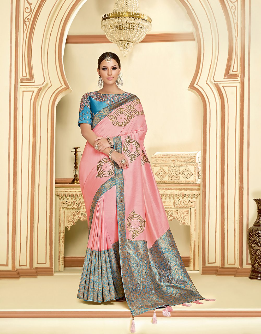 Pink Silk Georgettethread And Zari Embroidery, Laser Cut Buttas, Tassels Saree - Norita Hit
