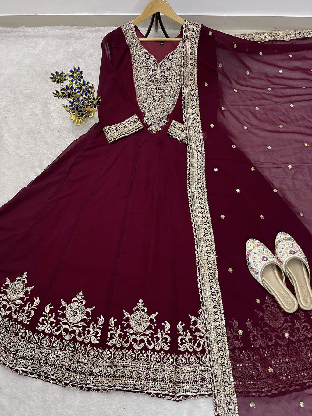 Teeya Creation Maroon Color Faux Georgette Embroidery Work Long Party Wear Gown